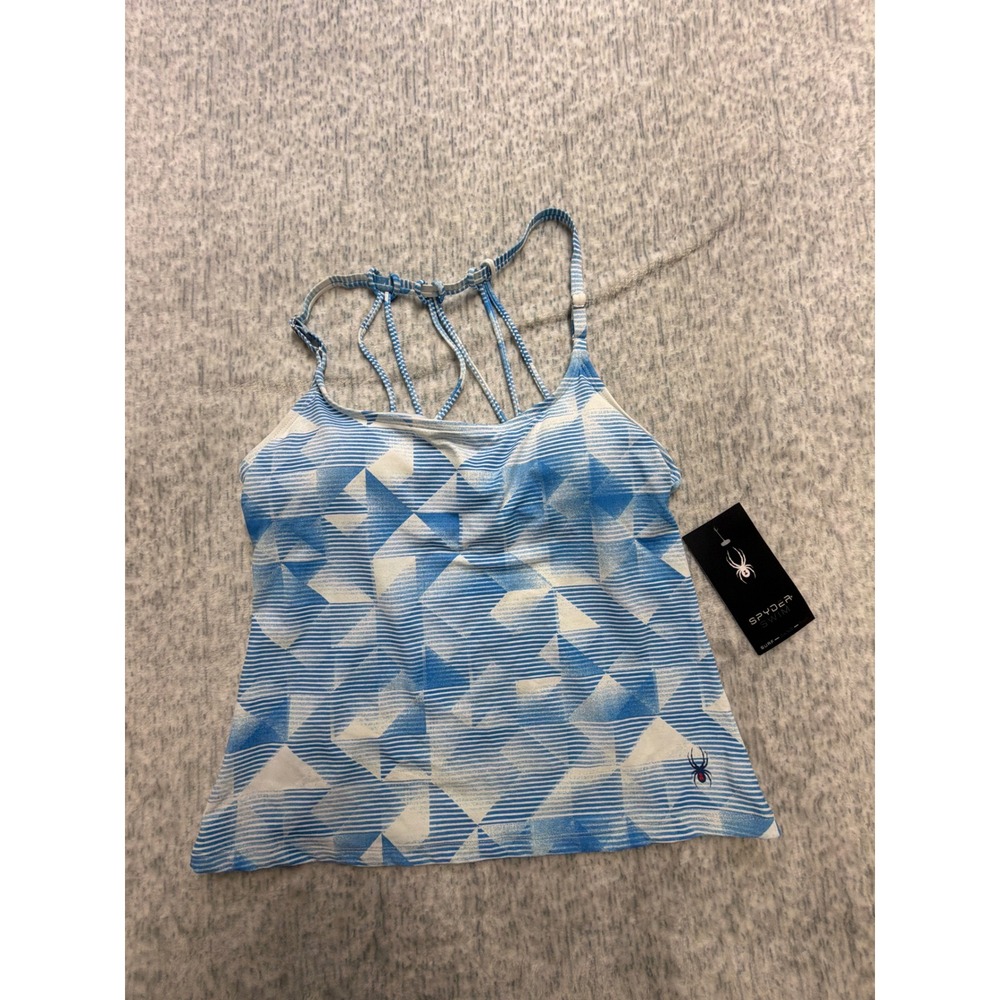 Spyder Swim Womens Blue White Geometric Strappy Tankini Top Only Builtin Bra NEW